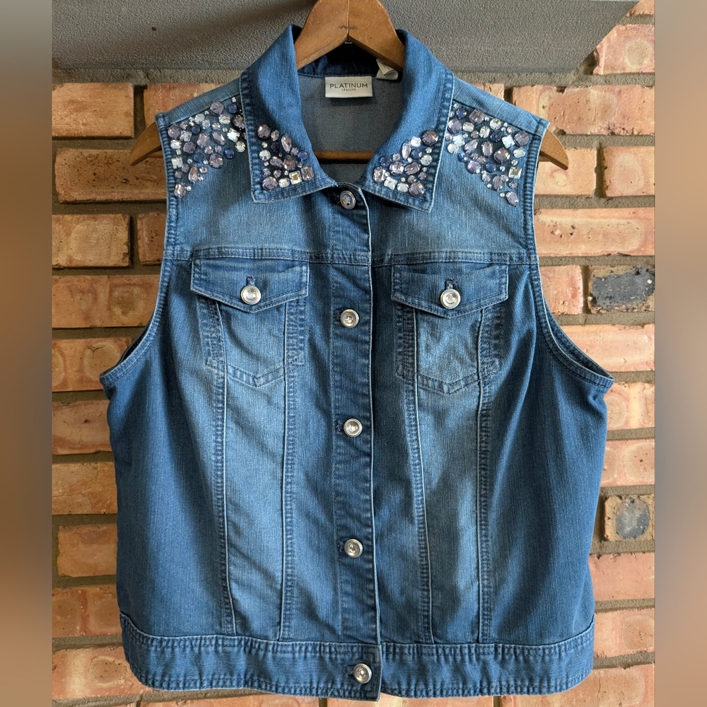 Chico's Platinum Rhinestone Accent Denim Vest, Size 2 (L)